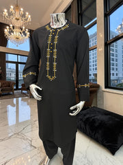 Black Embroidered Afghan Parahan Tunban for Men | Gold & White Detail