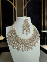 Champagne Pearl Kundan Bridal Jewelry Set with Earrings & Maang Tikka | Rose Gold Indian Pakistani Afghan Wedding Necklace | Jewelry Gift Box Included 6048