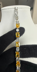 Yellow Emerald-Cut Crystal Tennis Bracelet – Silver Tone Statement Bracelet 7143