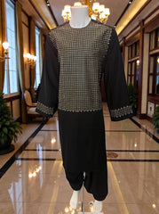 X-Large Black Afghan Parahan Tunban for Men with Machine Embroidery
