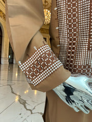 Medium Brown Parahan Tunban with White Embroidery | Traditional Afghan Men’s Wear