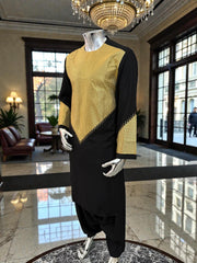Men’s Black Parahan Tumban with Gold Embroidery & Matching Shawl | Afghan Traditional Outfit Large to X-Large