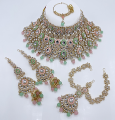 Luxury Gold Tone Half Bridal Jewelry Set with Choker, Earrings, Sheeshphool & Nath | Kundan-Inspired Wedding Jewelry 028