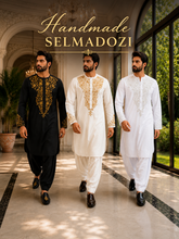 Handmade Afghan Selmadozi Embroidered Men’s Perahan Tunban – Luxury Traditional Formal Outfit – Available in Black, Ivory & White