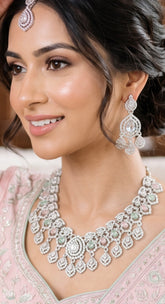 Silver Tone Pastel Crystal Bridal Necklace Set with Earrings & Maang Tikka | Indian Pakistani Afghan Wedding Jewelry | Gift Box Included 6026-2