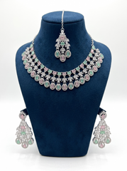 Silver-Tone AD Bridal Necklace Set with Earrings & Maang Tikka – 8 Colors