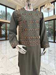 Large Hand Embroidered Dark Green Afghan Parahan Tunban Set with Matching Chadder