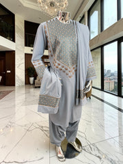 Medium Silver Gray Hand Embroidered Afghan Parahan Tunban Set with Matching Chadder