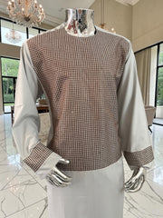 X-Large Premium Gray Parahan Tunban Set with Brown Machine Embroidery