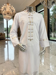 Men’s White Afghan Parahan Tunban with Gold & Brown Embroidery – Traditional Afghan Outfit