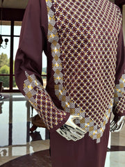 Men’s Maroon Kameez with Gold and White Machine Embroidery – Large Tall | Luqmaan Boutique