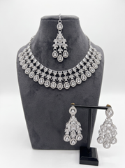Silver-Tone AD Bridal Necklace Set with Earrings & Maang Tikka – 8 Colors