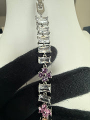 Multicolor Floral Baguette Crystal Link Bracelet – Silver Tone Flower Bracelet 7144