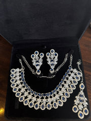 Luxury Navy Blue American Diamond Bridal Jewelry Set with Maang Tikka | Premium Brass Statement Necklace & Earrings | Gift-Ready Jewelry Box Included 6035