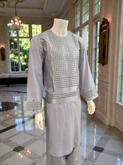 XL Afghan Men’s Kameez – Pale Lilac with Silver & Brown Embroidery | High-Quality Traditional Outfit