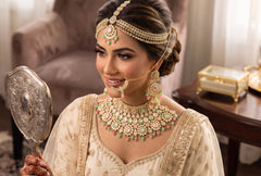 Luxury Gold Tone Half Bridal Jewelry Set with Choker, Earrings, Sheeshphool & Nath | Kundan-Inspired Wedding Jewelry 028