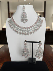 Luxury Blush Pink American Diamond Bridal Jewelry Set with Maang Tikka | Premium Brass Statement Collar Necklace, Earrings & Gift Box Included 6032
