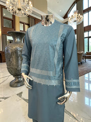Small Steel Blue Embroidered Men’s Shalwar Kameez Set Yakhandozi | Premium Traditional Wear