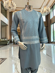 Small Steel Blue Embroidered Men’s Shalwar Kameez Set Yakhandozi | Premium Traditional Wear