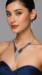 Crystal Rhinestone Statement Necklace & Earrings Set – Silver-Tone Leaf Design with Tassel, 7 Color Options
