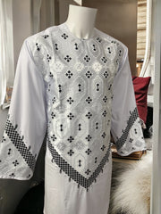 Men’s White Parahan Tumban with Black Embroidery Large