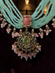 Mint Green & Pink Beaded Kundan Necklace and Earrings Set. 074