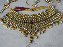 6-Piece Gold-Tone Kundan Full Bridal Jewelry Set with Necklace, Earrings, Nose Ring, Sheeshphool & Ring Bracelets 029