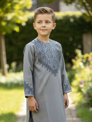 9 years old Boys Sage Green Parahan Tunban – Machine Embroidery in White & Navy