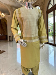 Large Green Afghan Parahan Tunban Set with Premium Machine Embroidery