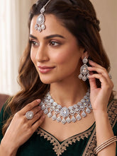 Luxury Silver Tone Clear Crystal Bridal Jewelry Set | Statement Necklace, Earrings & Maang Tikka | Wedding Jewelry with Black Gift Box 6024