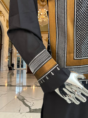 Large Men’s Black Parahan Tunban with White & Bronze Embroidery | Premium Afghan Traditional Wear – Luqmaan Boutique