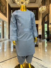 Sky Blue Embroidered Boys Parahan Tunban Set (Age 1–12 Years) – Traditional Afghan Kids Shalwar Kameez Luqmaan Boutique Design #23