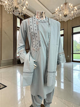 Large Men’s Hand Embroidered Afghan Parahan Tunban Set with Matching Shawl – Soft Silver green Traditional Outfit