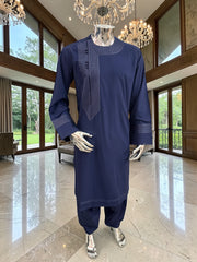 Traditional Afghan Parahan Tunban with Machine Embroidery – Navy Blue – XS