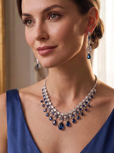 Luxury Sapphire Blue Crystal Statement Necklace & Drop Earrings Set | Silver Tone | Gift Ready Black Box | Elegant Bridal & Evening Jewelry 6053