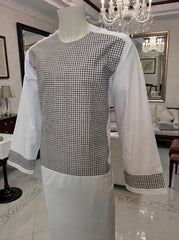 Traditional Afghan Parahan Tunban with Patterned Front Panel – White – XL