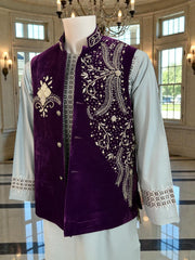 Large Royal Plum Velvet Afghan Waistcoat with Hand Embroidery
