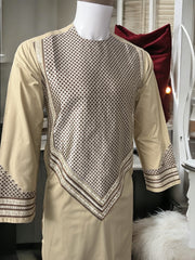 Men’s Beige Parahan Tumban with Brown Embroidery Small