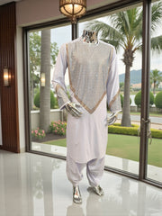 Men’s White Shesha Parahan Tunban Luxury Afghan Outfit with Matching Shawl | Luqmaan Boutique Collection Small