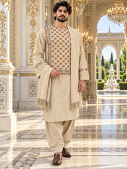 Men’s Cream Hand-Embroidered Afghan Parahan Tunban with Shawl – 3-Piece Set 5023