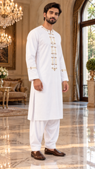 Men’s White Afghan Parahan Tunban with Gold & Brown Embroidery – Traditional Afghan Outfit