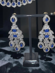 Luxury Sapphire Blue American Diamond Bridal Jewelry Set with Maang Tikka | Premium Brass Statement Collar Necklace, Earrings & Gift Box Included 6036