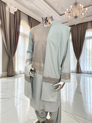 Men’s Sage Gray Embroidered Afghan Parahan Tunban with Matching Shawl – Medium 7232