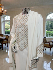 XL Off-White Afghan Kameez 3-Piece Set with Gold Shesha Work | Traditional Men’s Outfit