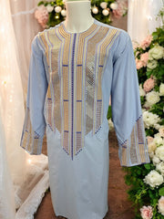 Afghan Parahan Tunban for Men Light Blue Gold and Blue Shesha Mirror Work Machine Embroidered X-Large