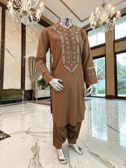 Medium Men’s Mocha Brown Hand Embroidered Afghan Parahan Tunban Set with Matching Shawl