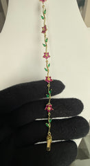 Pink & Green Floral Crystal Bracelet – Gold-Tone Vine & Flower Bracelet for Women 7121
