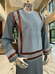 Medium Steel Blue Parahan Tunban with White & Brown Embroidery | Premium Afghan Traditional Wear