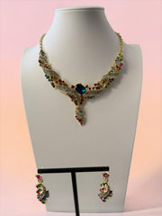 Multicolor Crystal Gold-Tone Necklace & Earrings Set. 069