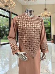 Small Men’s Tan Parahan Tumban with White & Tan Embroidery Afghan Kameese shalwar